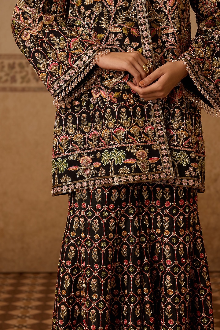Black Silk Hand Embroidered Gharara Set by Dareaab by Sonia k Mahajan at Pernia's Pop Up Shop