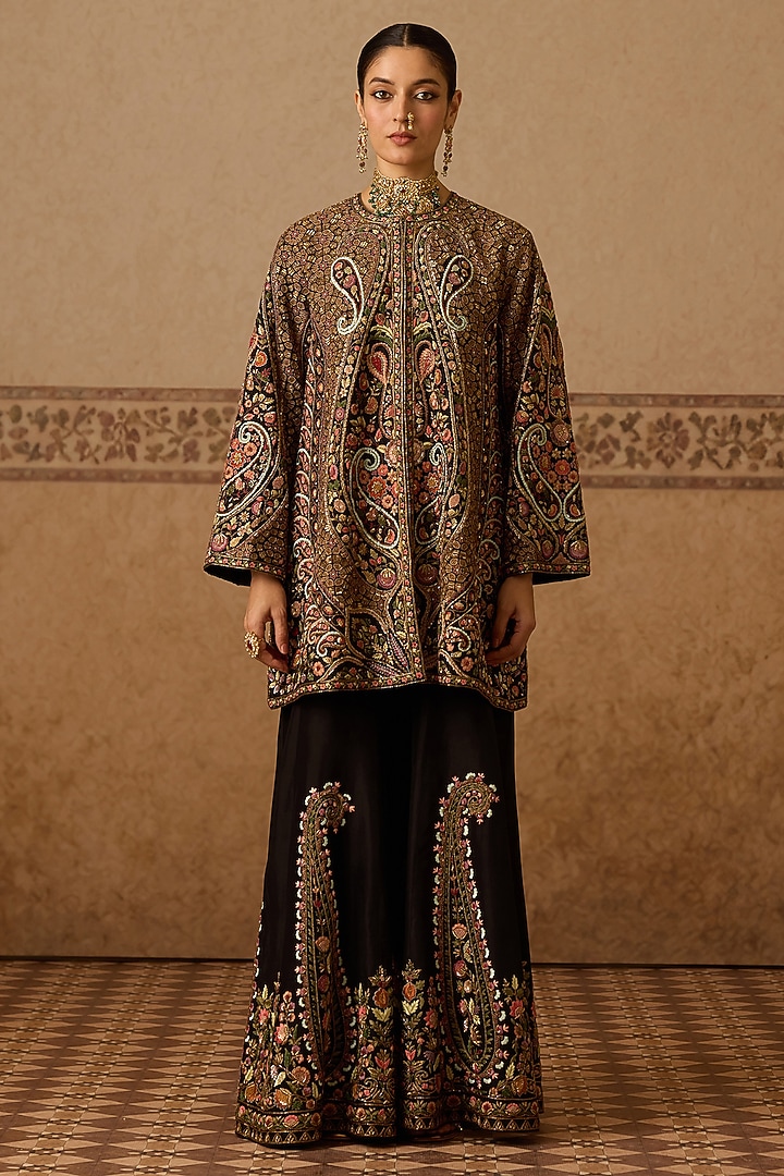 Black Silk Hand Embroidered Gharara Set by Dareaab by Sonia k Mahajan at Pernia's Pop Up Shop