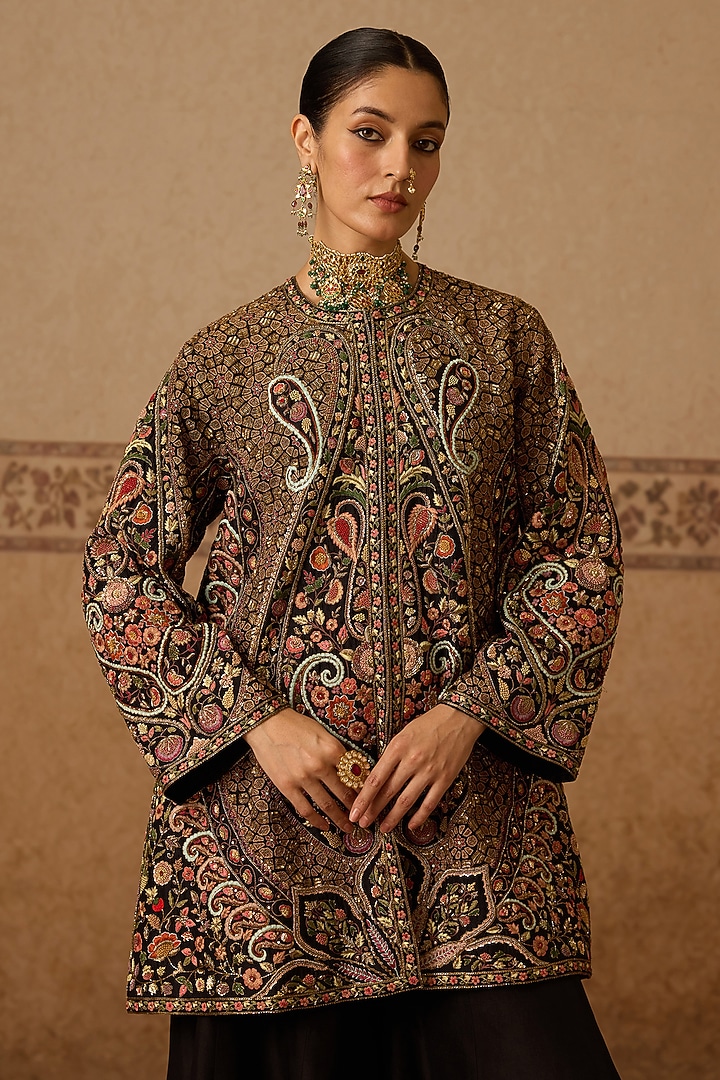 Black Silk Hand Embroidered Gharara Set by Dareaab by Sonia k Mahajan at Pernia's Pop Up Shop