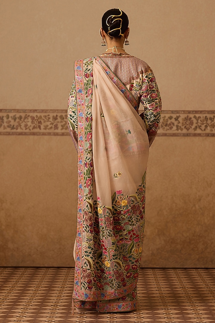 Salmon Pink Organza Hand Embroidered Jacket Bridal Saree Set by Dareaab by Sonia k Mahajan at Pernia's Pop Up Shop