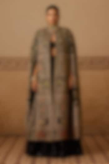 Black Silk Zardosi Embroidered Cape Set by Dareaab by Sonia k Mahajan at Pernia's Pop Up Shop