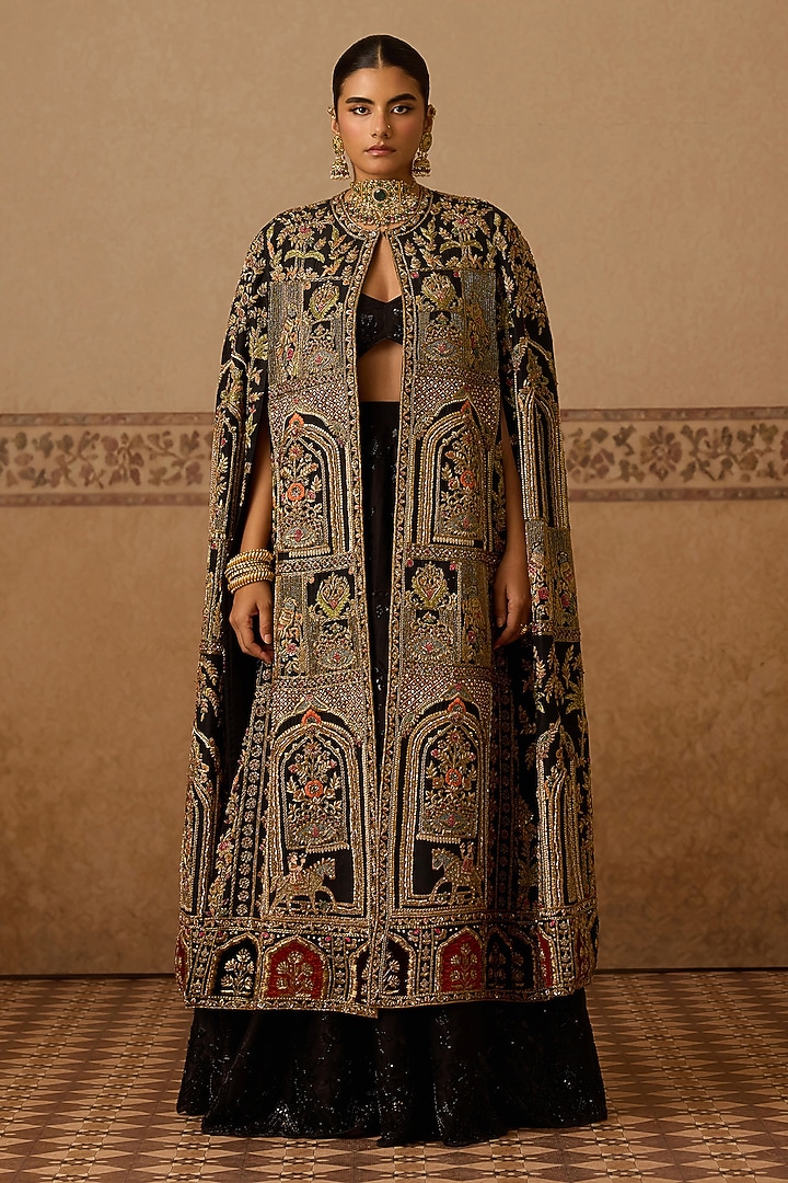Black Silk Zardosi Embroidered Cape Set by Dareaab by Sonia k Mahajan at Pernia's Pop Up Shop