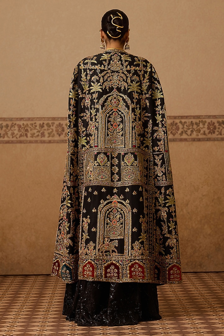 Black Silk Zardosi Embroidered Cape Set by Dareaab by Sonia k Mahajan at Pernia's Pop Up Shop
