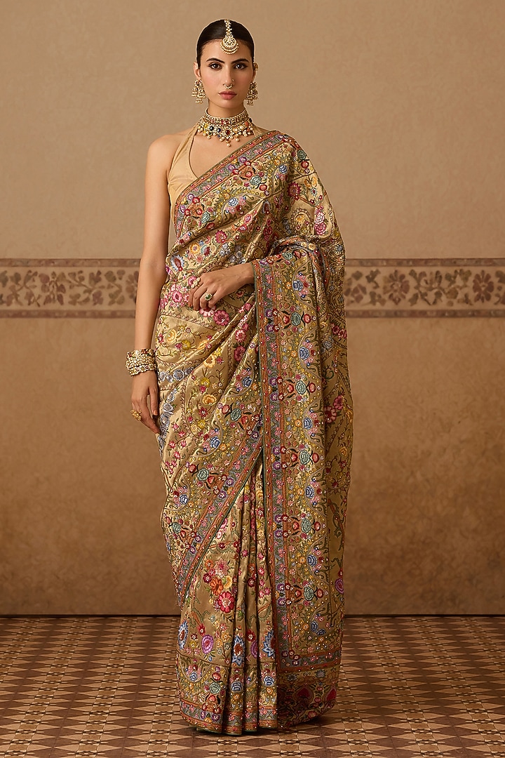 Gold Lame Hand Embroidered Bridal Saree Set by Dareaab by Sonia k Mahajan at Pernia's Pop Up Shop
