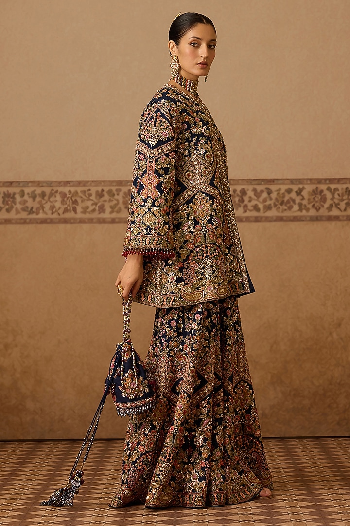Midnight Blue Silk Hand Embroidered Gharara Set by Dareaab by Sonia k Mahajan at Pernia's Pop Up Shop