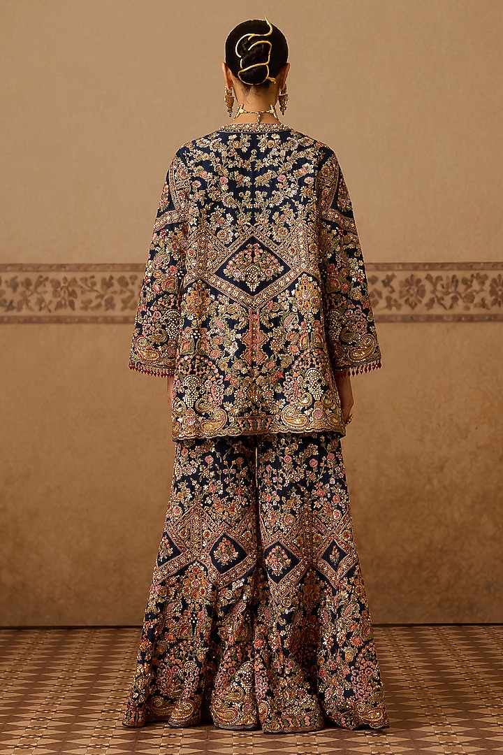 Midnight Blue Silk Hand Embroidered Gharara Set by Dareaab by Sonia k Mahajan at Pernia's Pop Up Shop