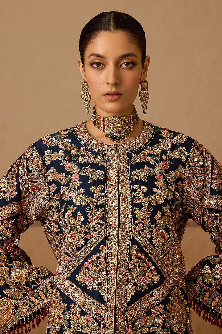 Midnight Blue Silk Hand Embroidered Gharara Set by Dareaab by Sonia k Mahajan at Pernia's Pop Up Shop