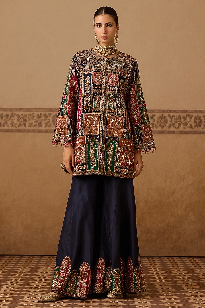Navy Blue Silk Hand Embroidered Gharara Set by Dareaab by Sonia k Mahajan at Pernia's Pop Up Shop