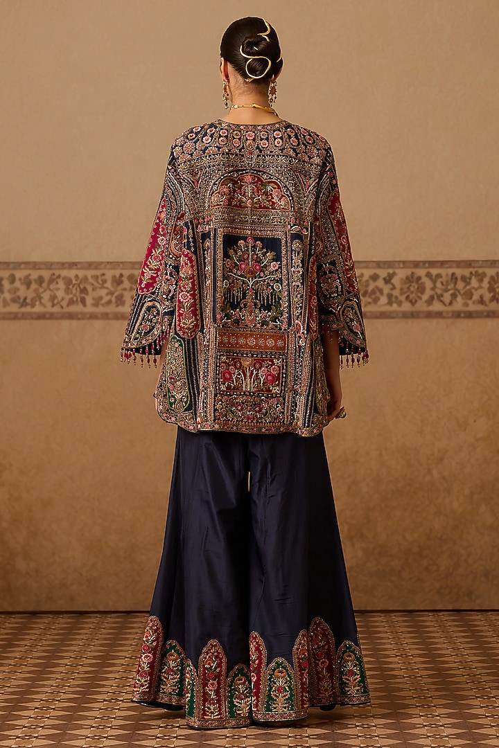 Navy Blue Silk Hand Embroidered Gharara Set by Dareaab by Sonia k Mahajan at Pernia's Pop Up Shop