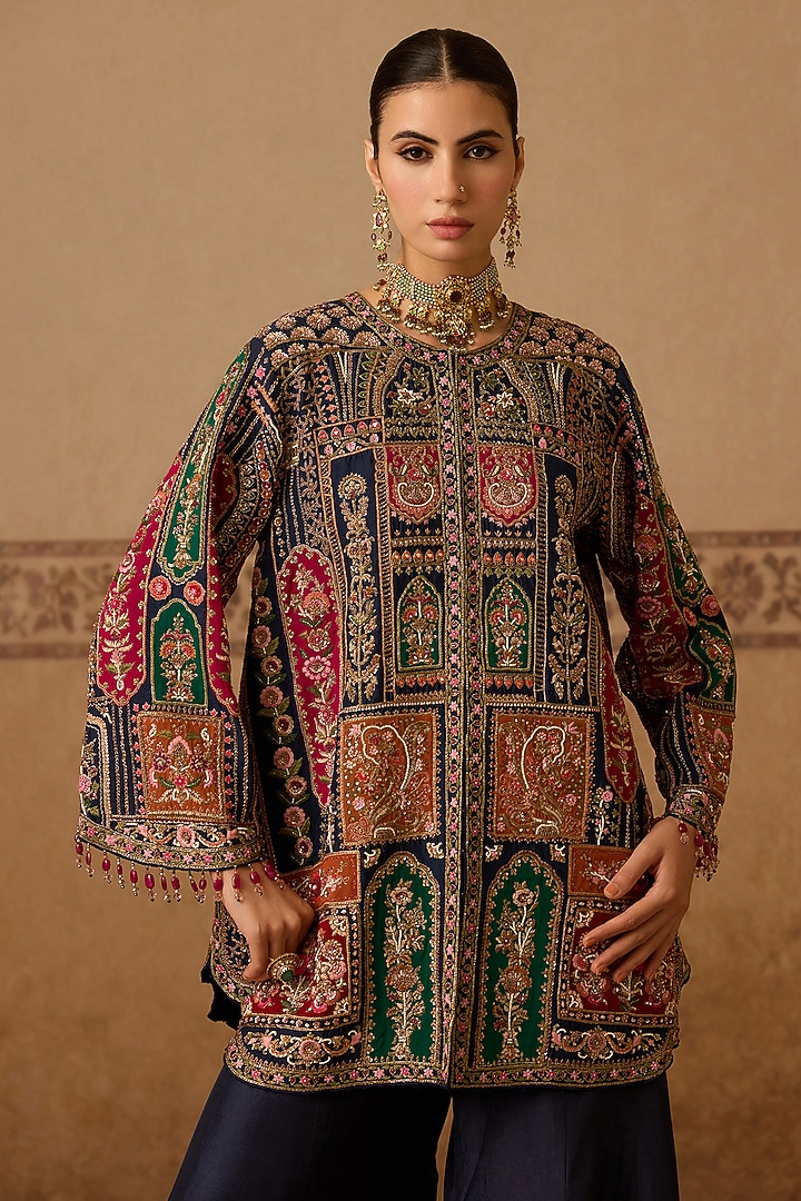 Navy Blue Silk Hand Embroidered Gharara Set by Dareaab by Sonia k Mahajan at Pernia's Pop Up Shop