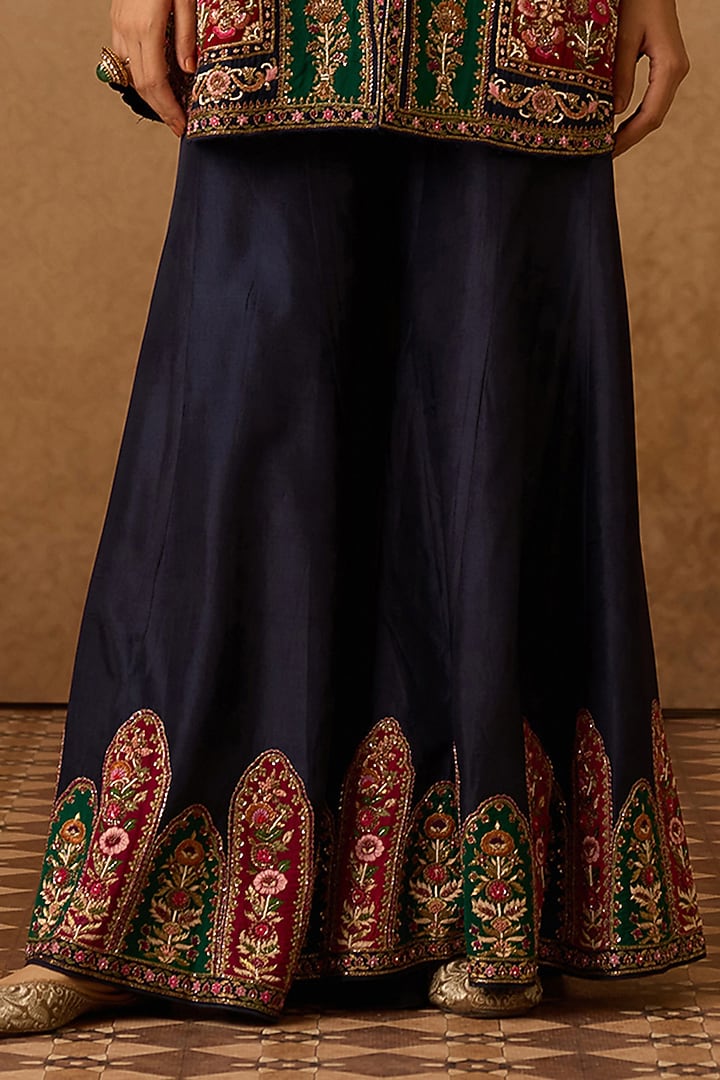 Navy Blue Silk Hand Embroidered Gharara Set by Dareaab by Sonia k Mahajan at Pernia's Pop Up Shop