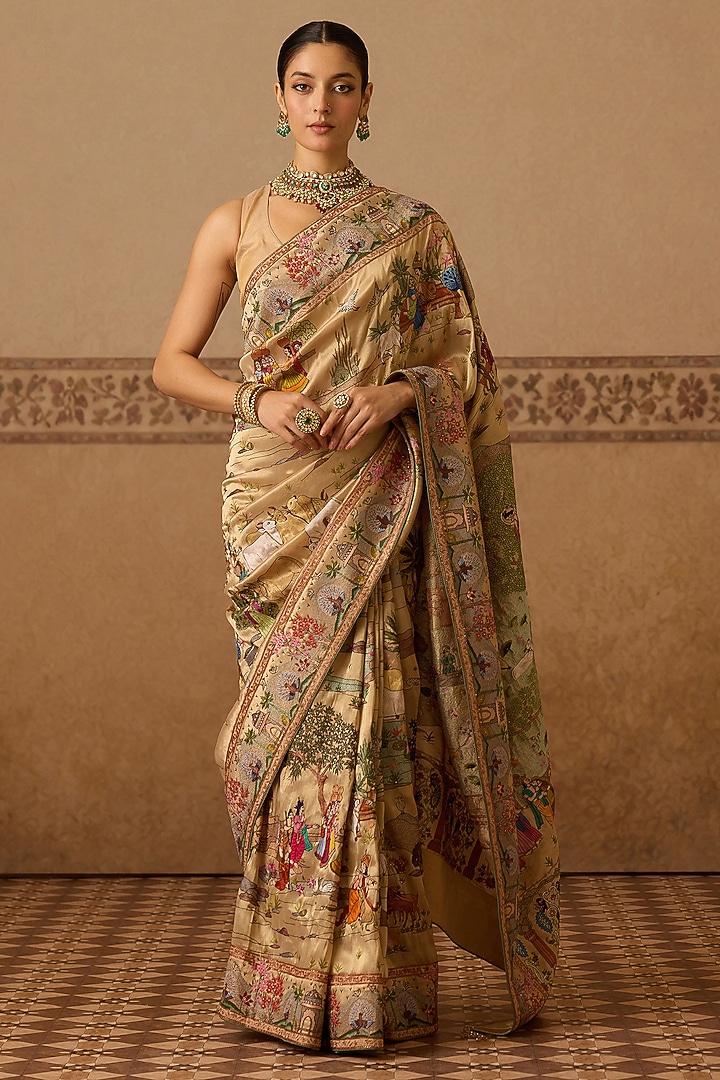 Gold Lame Hand Embroidered Bridal Saree Set by Dareaab by Sonia k Mahajan at Pernia's Pop Up Shop