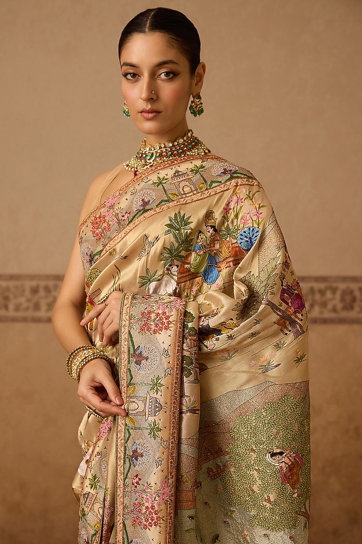 Gold Lame Hand Embroidered Bridal Saree Set by Dareaab by Sonia k Mahajan at Pernia's Pop Up Shop