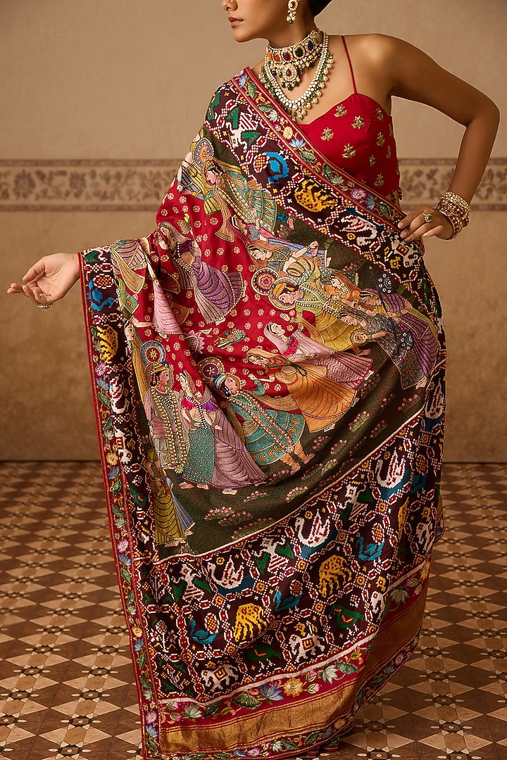 Red Silk Hand Embroidered Bridal Saree Set by Dareaab by Sonia k Mahajan at Pernia's Pop Up Shop
