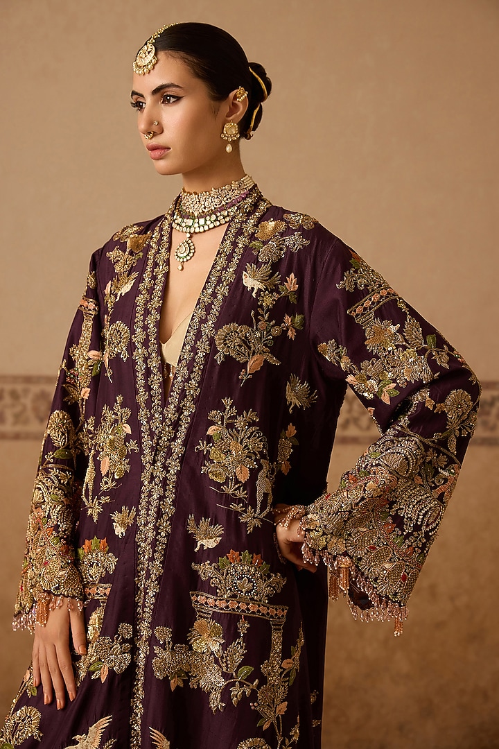Burgundy Silk Hand Embroidered Cape Set by Dareaab by Sonia k Mahajan at Pernia's Pop Up Shop