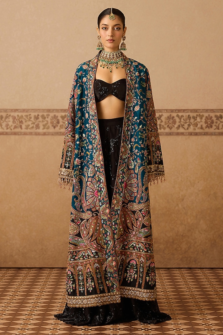 Blue Ombre Silk Hand Embroidered Cape by Dareaab by Sonia k Mahajan at Pernia's Pop Up Shop