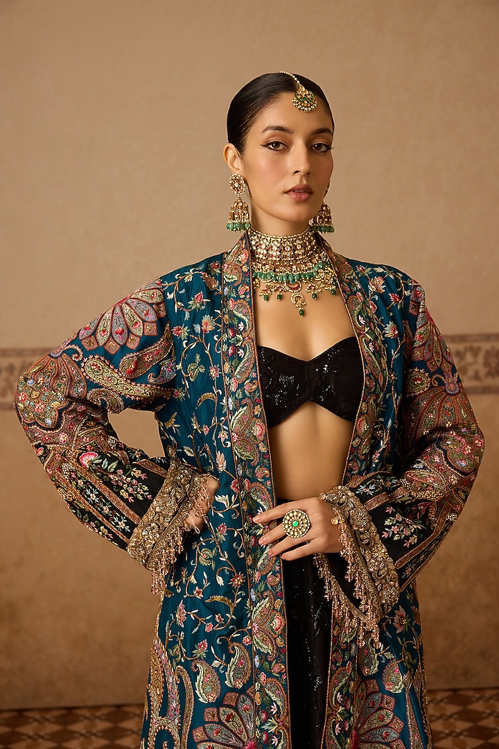 Blue Ombre Silk Hand Embroidered Cape by Dareaab by Sonia k Mahajan at Pernia's Pop Up Shop