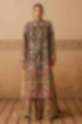Black Silk Hand Embroidered Long Jacket by Dareaab by Sonia k Mahajan at Pernia's Pop Up Shop