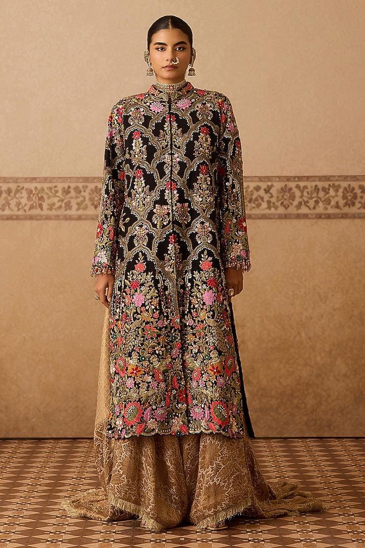 Black Silk Hand Embroidered Long Jacket by Dareaab by Sonia k Mahajan at Pernia's Pop Up Shop
