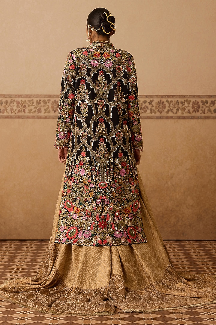 Black Silk Hand Embroidered Long Jacket by Dareaab by Sonia k Mahajan at Pernia's Pop Up Shop