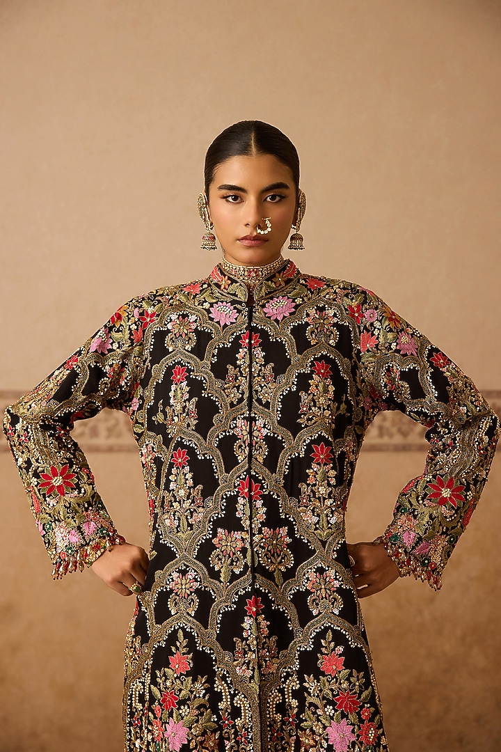 Black Silk Hand Embroidered Long Jacket by Dareaab by Sonia k Mahajan at Pernia's Pop Up Shop