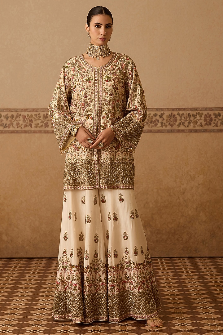 Ivory Silk Georgette Hand Embroidered Gharara Set by Dareaab by Sonia k Mahajan at Pernia's Pop Up Shop