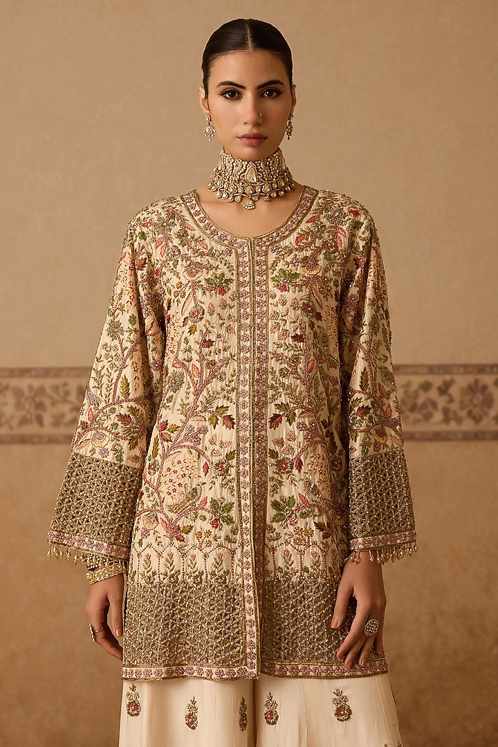 Ivory Silk Georgette Hand Embroidered Gharara Set by Dareaab by Sonia k Mahajan at Pernia's Pop Up Shop