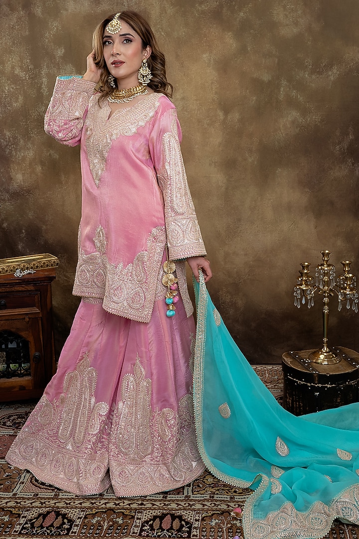 Pink Lame Georgette Tilla Embroidered Wedding Sharara Set by Dareaab by Sonia k Mahajan at Pernia's Pop Up Shop