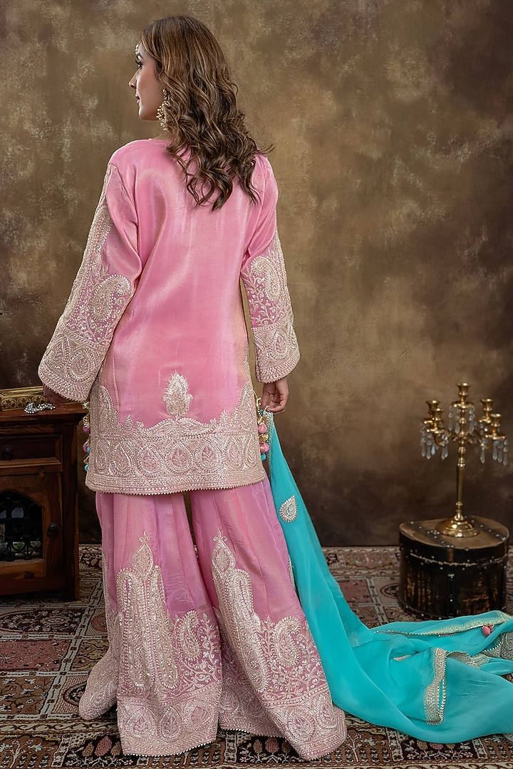 Pink Lame Georgette Tilla Embroidered Wedding Sharara Set by Dareaab by Sonia k Mahajan at Pernia's Pop Up Shop