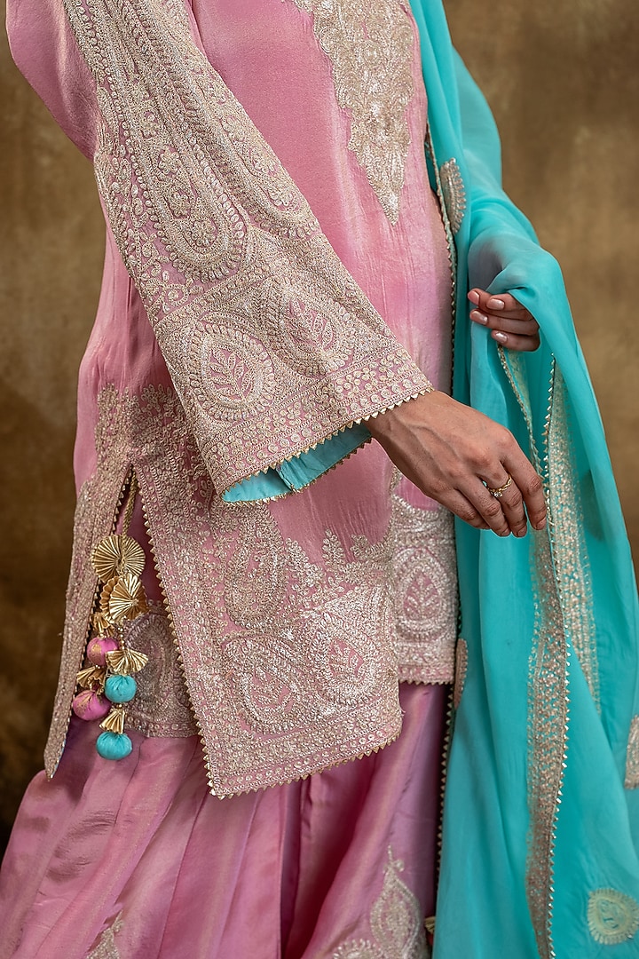 Pink Lame Georgette Tilla Embroidered Wedding Sharara Set by Dareaab by Sonia k Mahajan at Pernia's Pop Up Shop