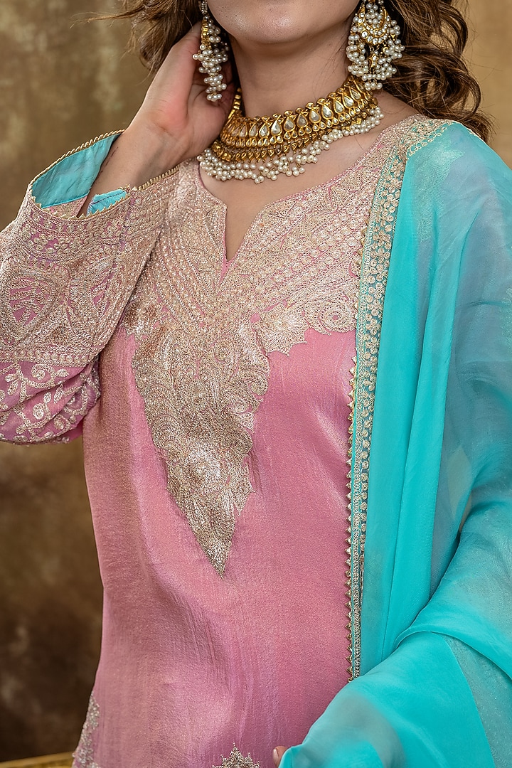 Pink Lame Georgette Tilla Embroidered Wedding Sharara Set by Dareaab by Sonia k Mahajan at Pernia's Pop Up Shop