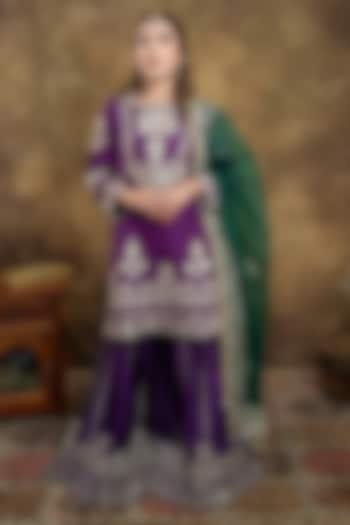 Purple Velvet Tilla Embroidered Gharara Set by Dareaab by Sonia k Mahajan at Pernia's Pop Up Shop