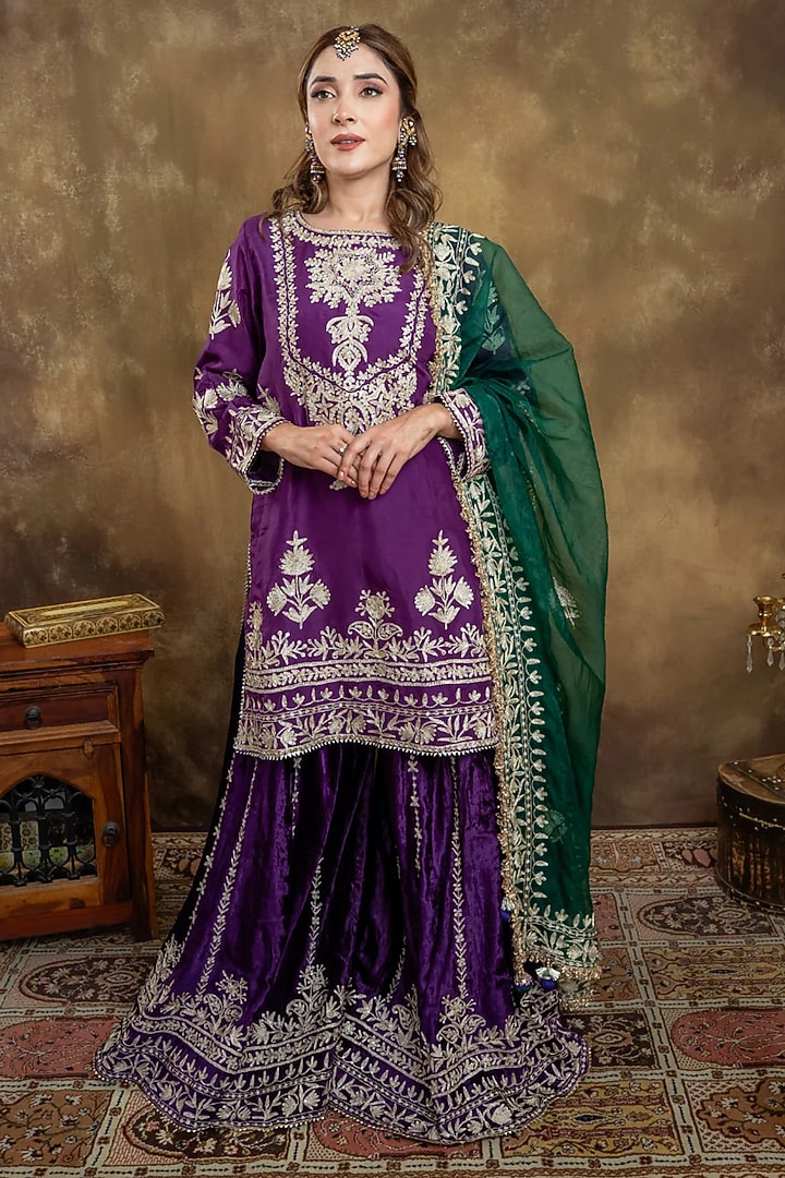 Purple Velvet Tilla Embroidered Gharara Set by Dareaab by Sonia k Mahajan at Pernia's Pop Up Shop