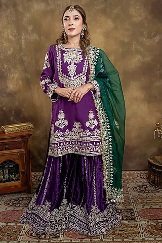 Purple Velvet Tilla Embroidered Gharara Set by Dareaab by Sonia k Mahajan