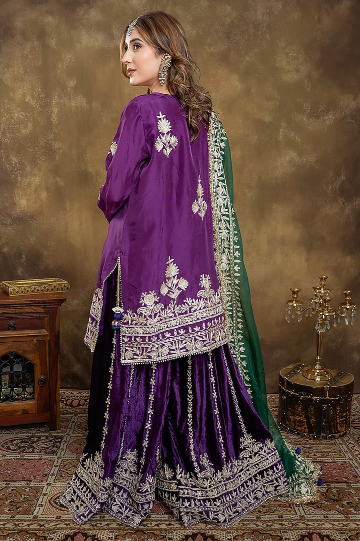 Purple Velvet Tilla Embroidered Gharara Set by Dareaab by Sonia k Mahajan at Pernia's Pop Up Shop