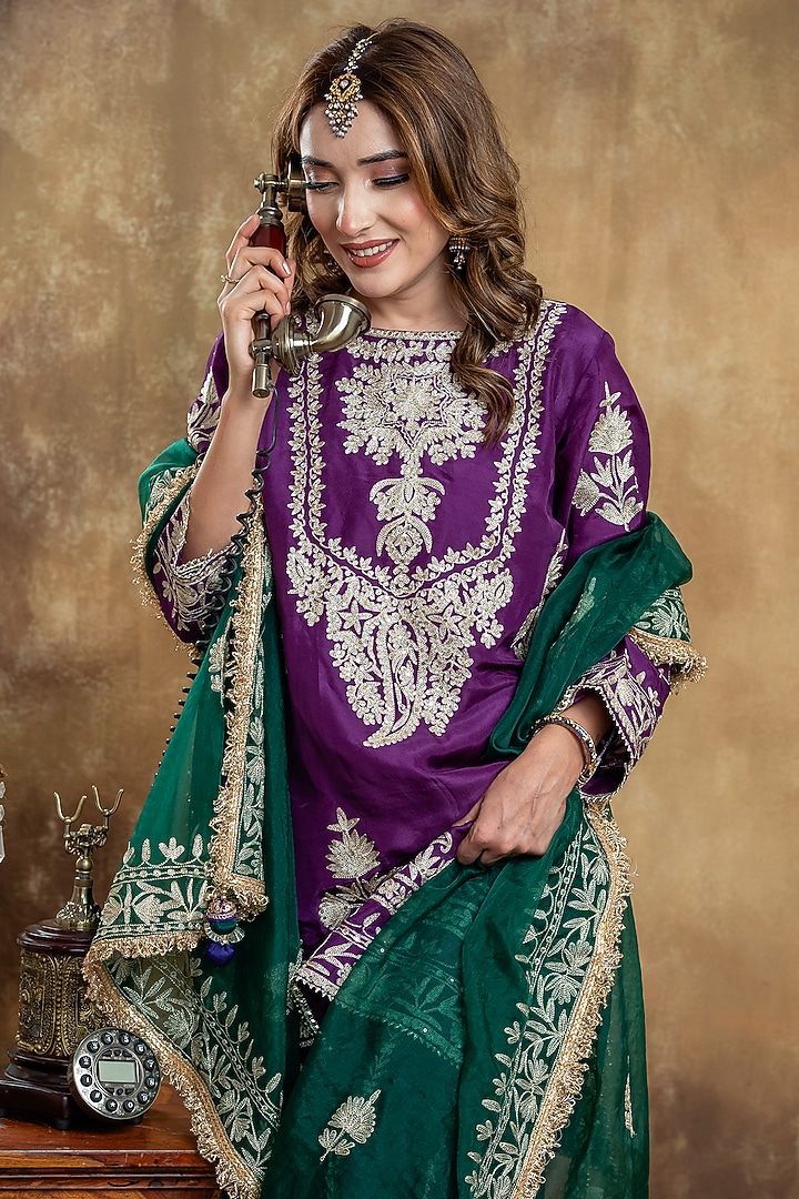 Purple Velvet Tilla Embroidered Gharara Set by Dareaab by Sonia k Mahajan at Pernia's Pop Up Shop