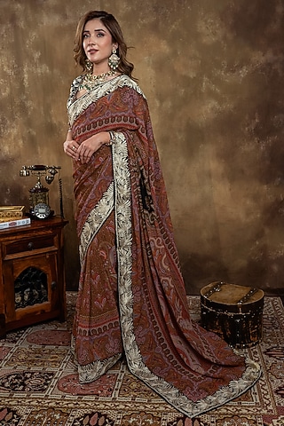 Multi-Colored Georgette Kalamkari Printed Saree Set by Dareaab by Sonia k Mahajan