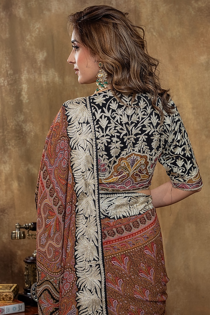 Multi-Colored Georgette Kalamkari Printed Wedding Saree Set by Dareaab by Sonia k Mahajan at Pernia's Pop Up Shop