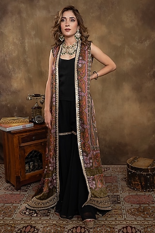 Multi-Colored Satin Georgette Kalamkari Printed Jacket by Dareaab by Sonia k Mahajan