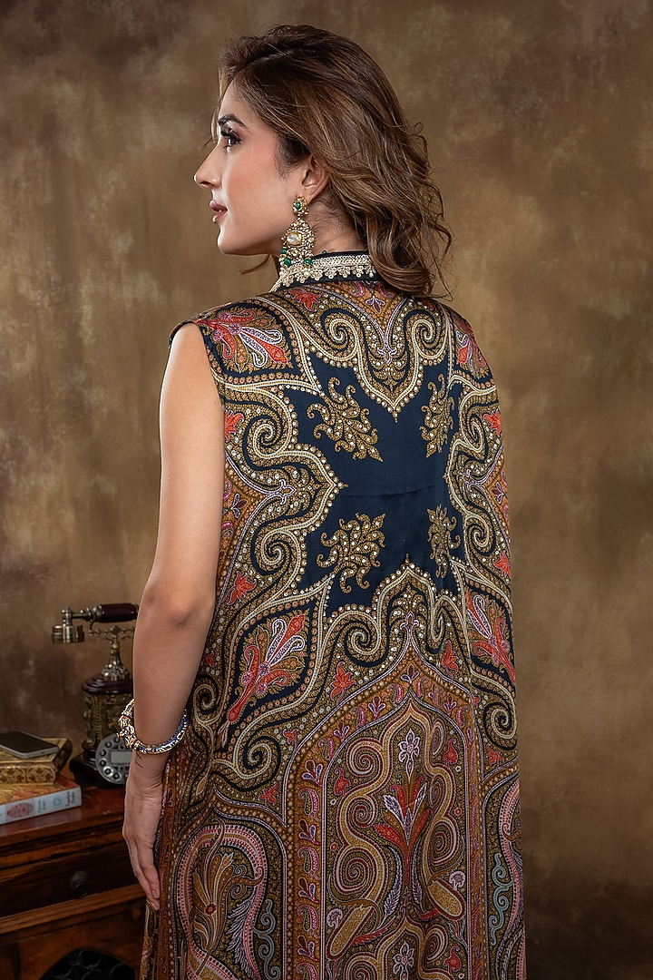 Multi-Colored Satin Georgette Kalamkari Printed Jacket by Dareaab by Sonia k Mahajan at Pernia's Pop Up Shop