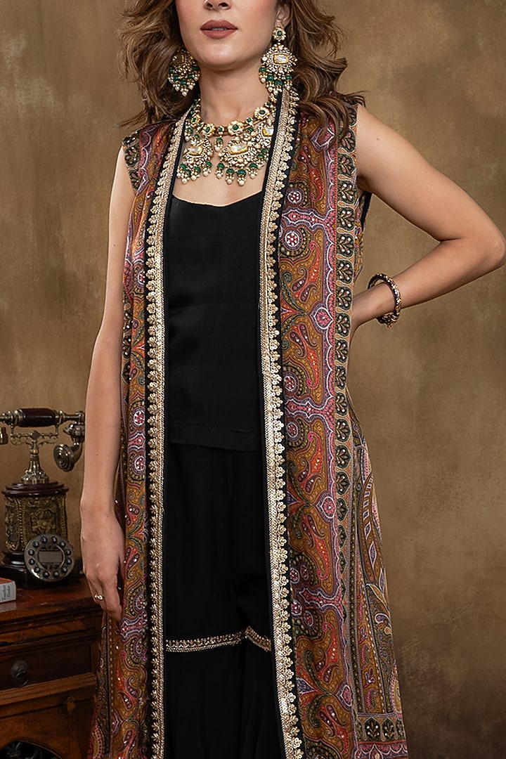 Multi-Colored Satin Georgette Kalamkari Printed Jacket by Dareaab by Sonia k Mahajan at Pernia's Pop Up Shop