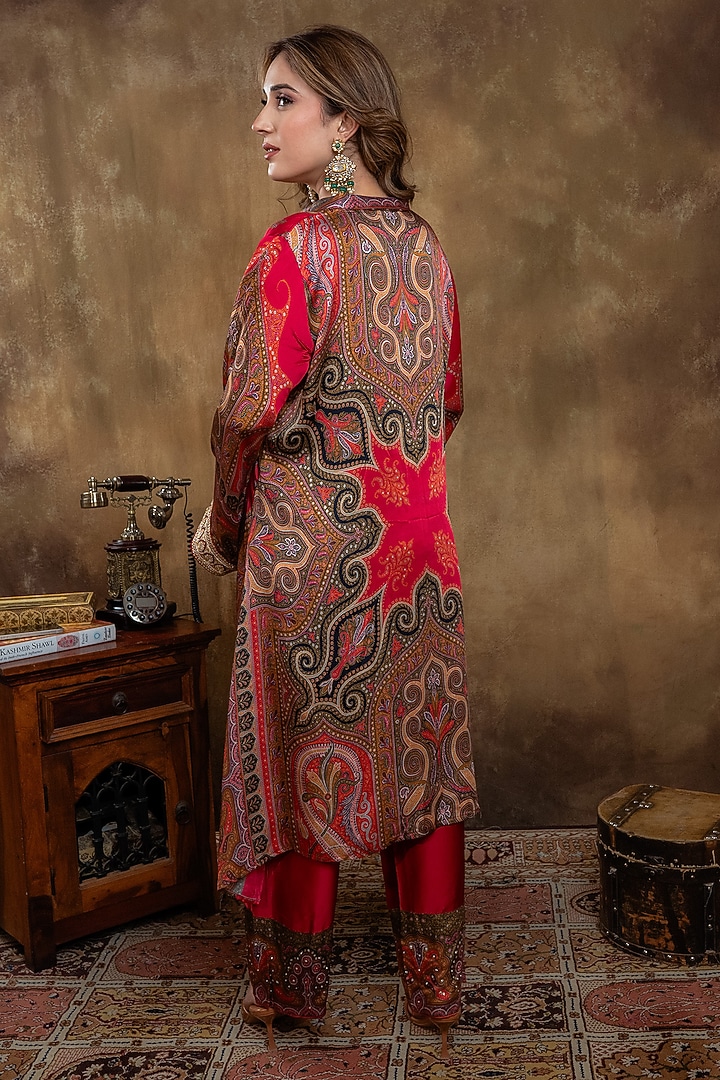 Red Satin Georgette Kalamkari Printed Kurta Set by Dareaab by Sonia k Mahajan at Pernia's Pop Up Shop