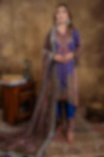 Blue Satin Georgette Kalamkari Printed Kurta Set by Dareaab by Sonia k Mahajan at Pernia's Pop Up Shop