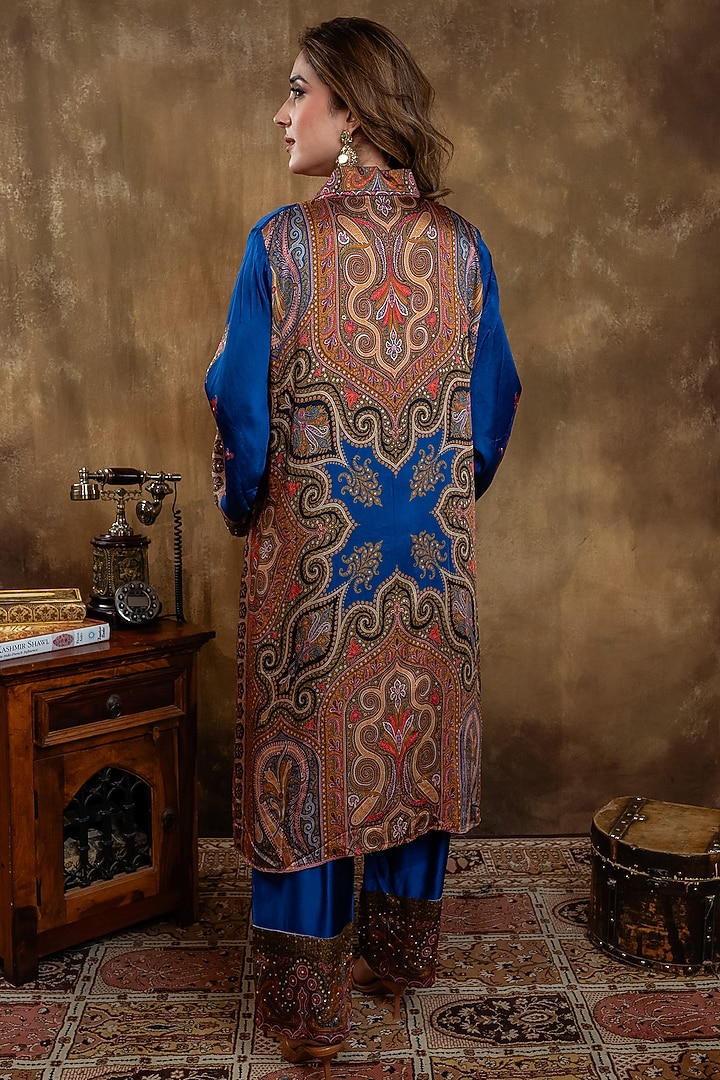 Blue Satin Georgette Kalamkari Printed Kurta Set by Dareaab by Sonia k Mahajan at Pernia's Pop Up Shop