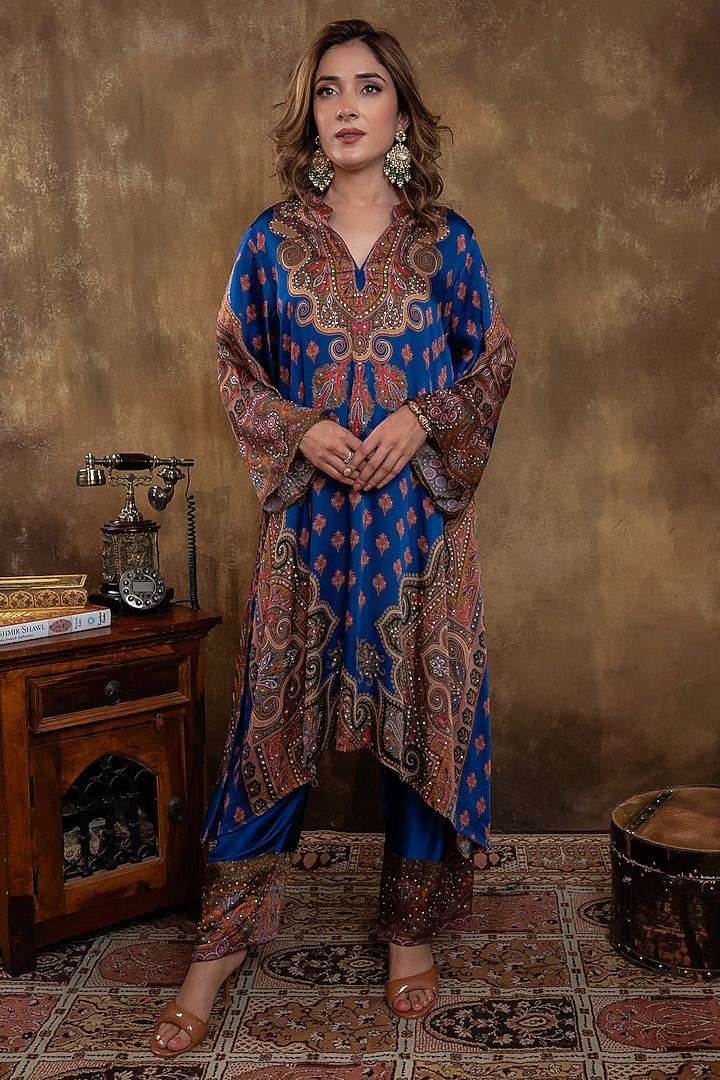 Blue Satin Georgette Kalamkari Printed Kurta Set by Dareaab by Sonia k Mahajan at Pernia's Pop Up Shop