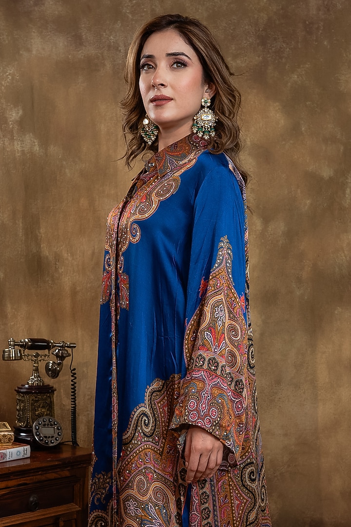 Blue Satin Georgette Kalamkari Printed Kurta Set by Dareaab by Sonia k Mahajan at Pernia's Pop Up Shop
