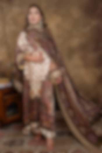 Ivory Satin Georgette Kalamkari Printed Kurta Set by Dareaab by Sonia k Mahajan at Pernia's Pop Up Shop