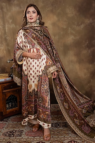 Ivory Satin Georgette Kalamkari Printed Kurta Set by Dareaab by Sonia k Mahajan