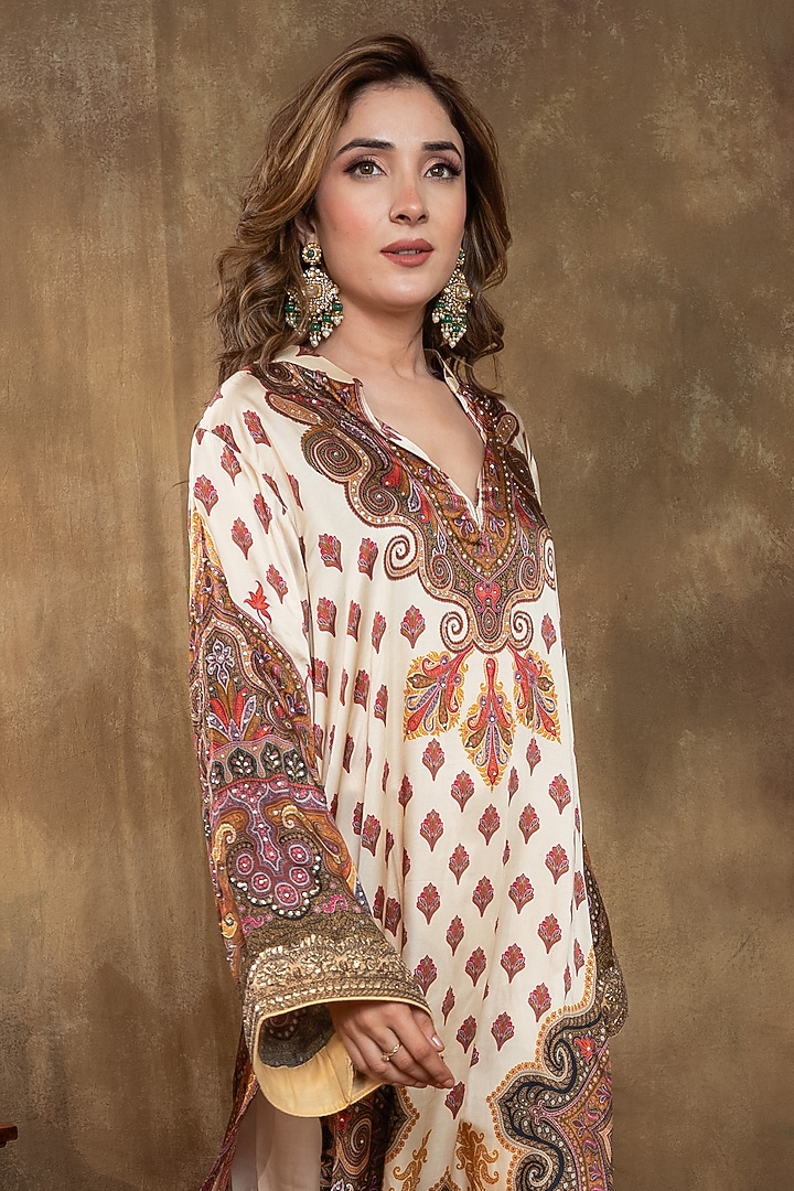 Ivory Satin Georgette Kalamkari Printed Kurta Set by Dareaab by Sonia k Mahajan at Pernia's Pop Up Shop