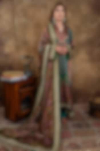 Bottle Green Satin Georgette Kalamkari Printed Kurta Set by Dareaab by Sonia k Mahajan at Pernia's Pop Up Shop